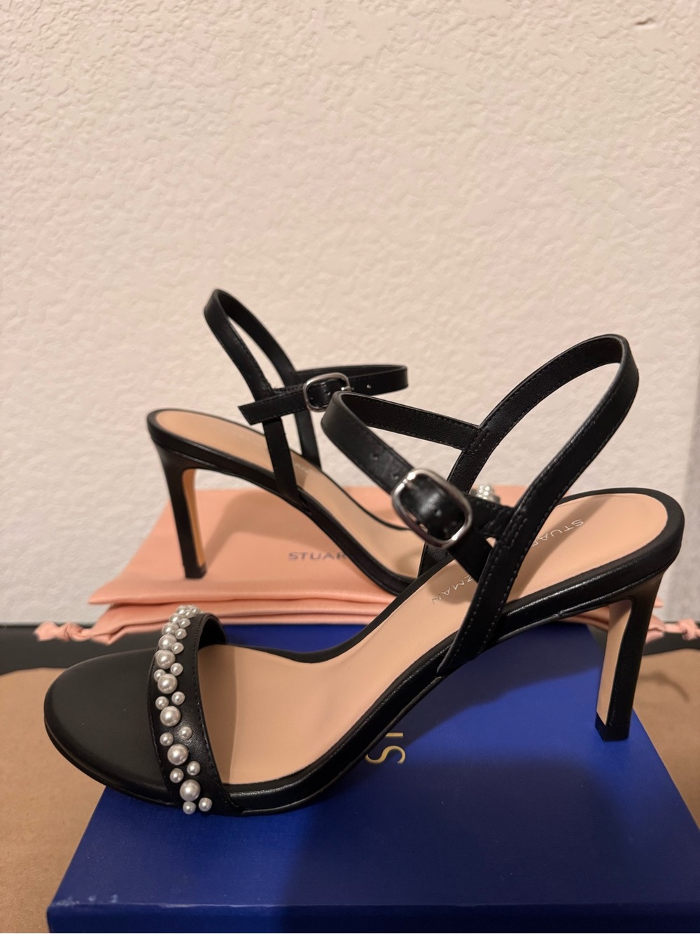 Stuart Weitzman Black Pearl-Embellished Ankle-Strap Sandals